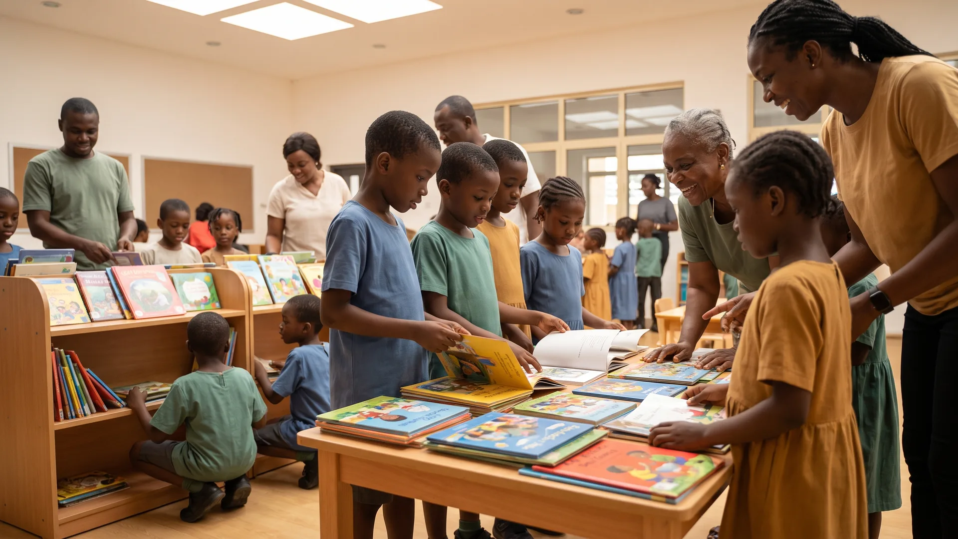Children browse colourful picture books laid out on tables and low shelves in a bright school room, with adults helping them choose.