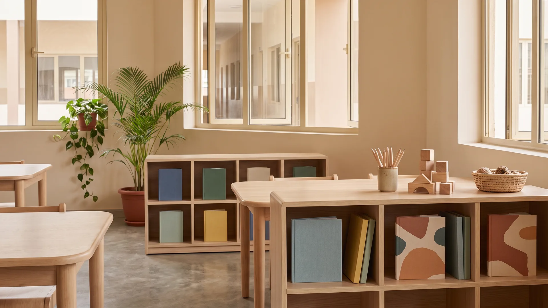A quiet Abraham Lincoln American Academy learning room: light wooden tables and low shelves of books, a pot of pencils and wooden blocks, and a palm beside the window.
