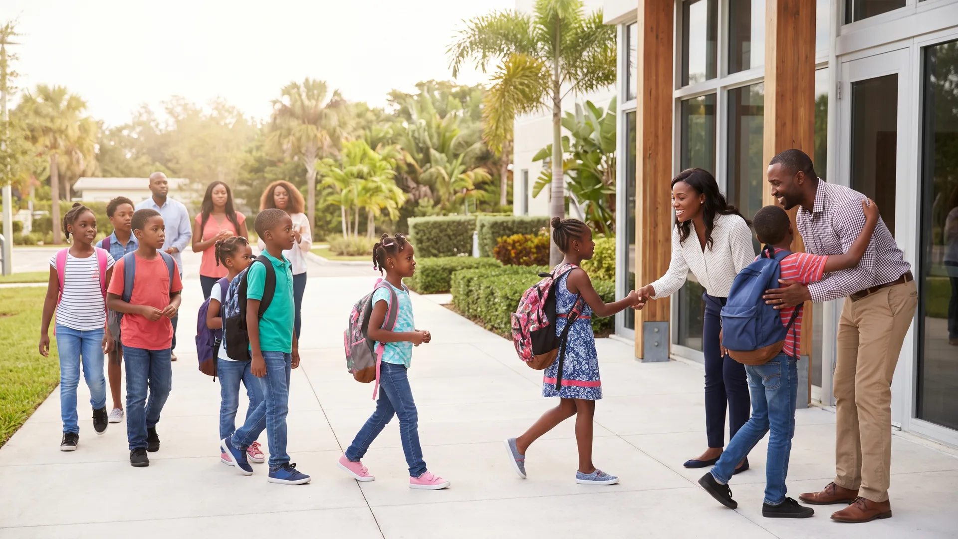 Children carrying backpacks walk along a paved path towards a modern school entrance, where two adults greet them.