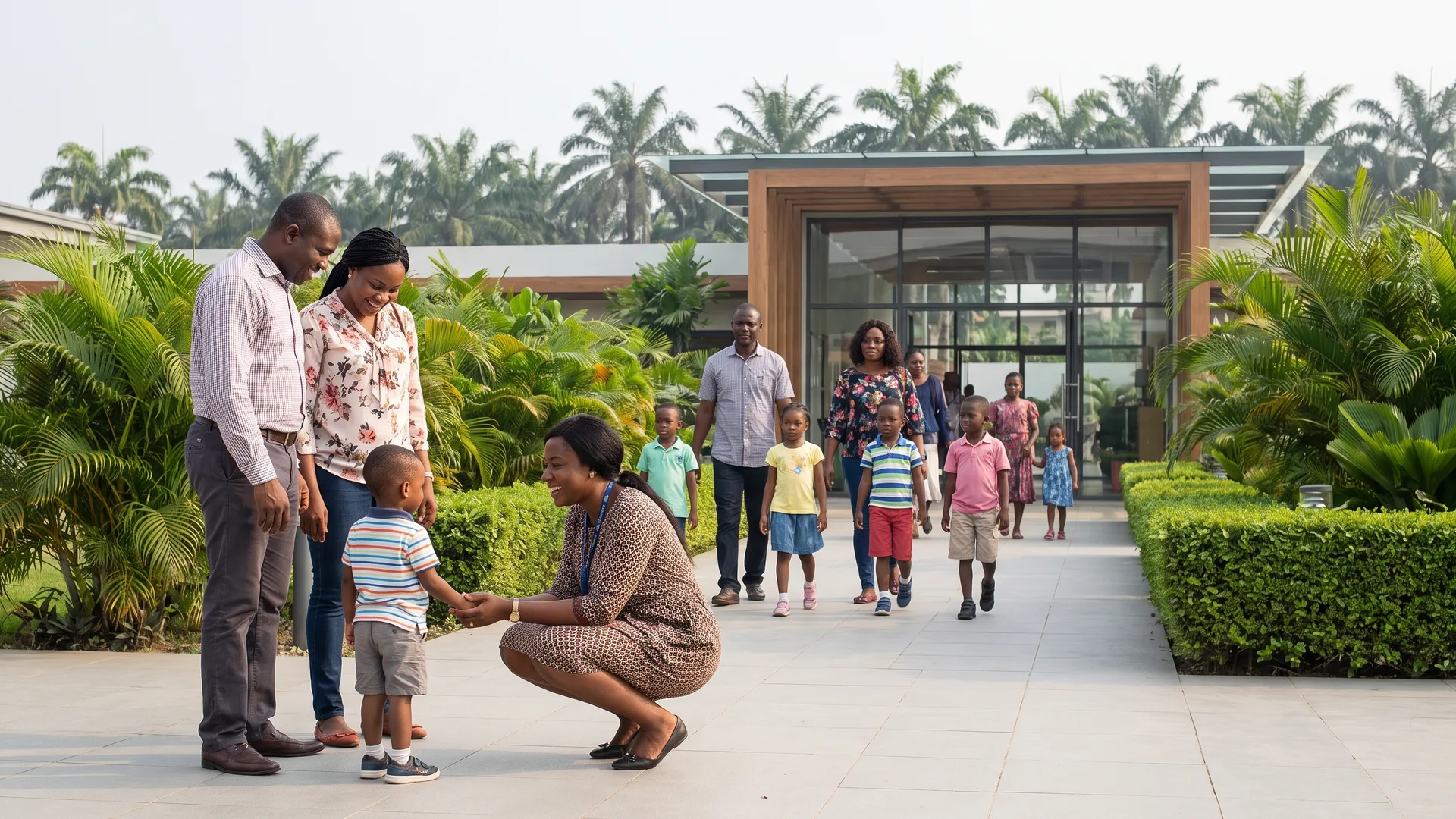 An educator crouches to greet a young child while the child’s parents look on, as other families walk up a paved, planted path towards a modern school entrance.