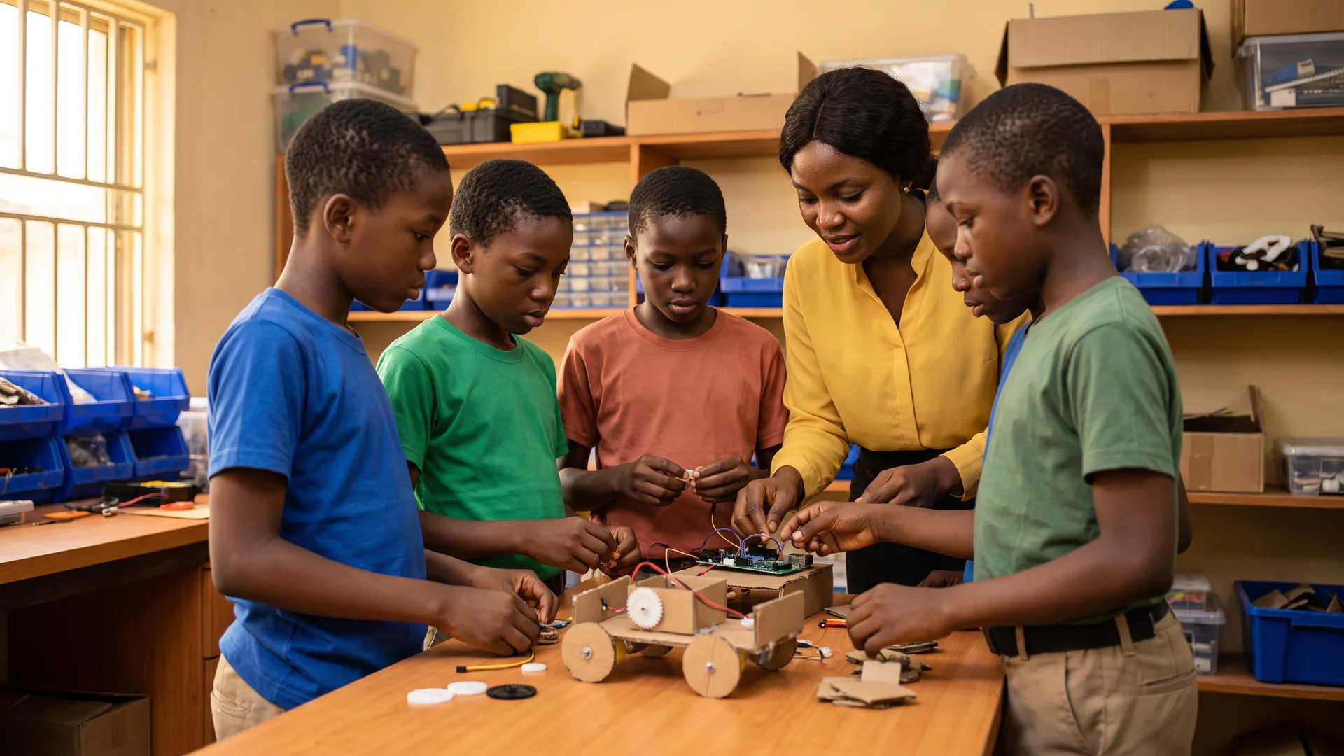 Four children and an educator gather around a workbench, wiring a small cardboard-and-electronics vehicle together.